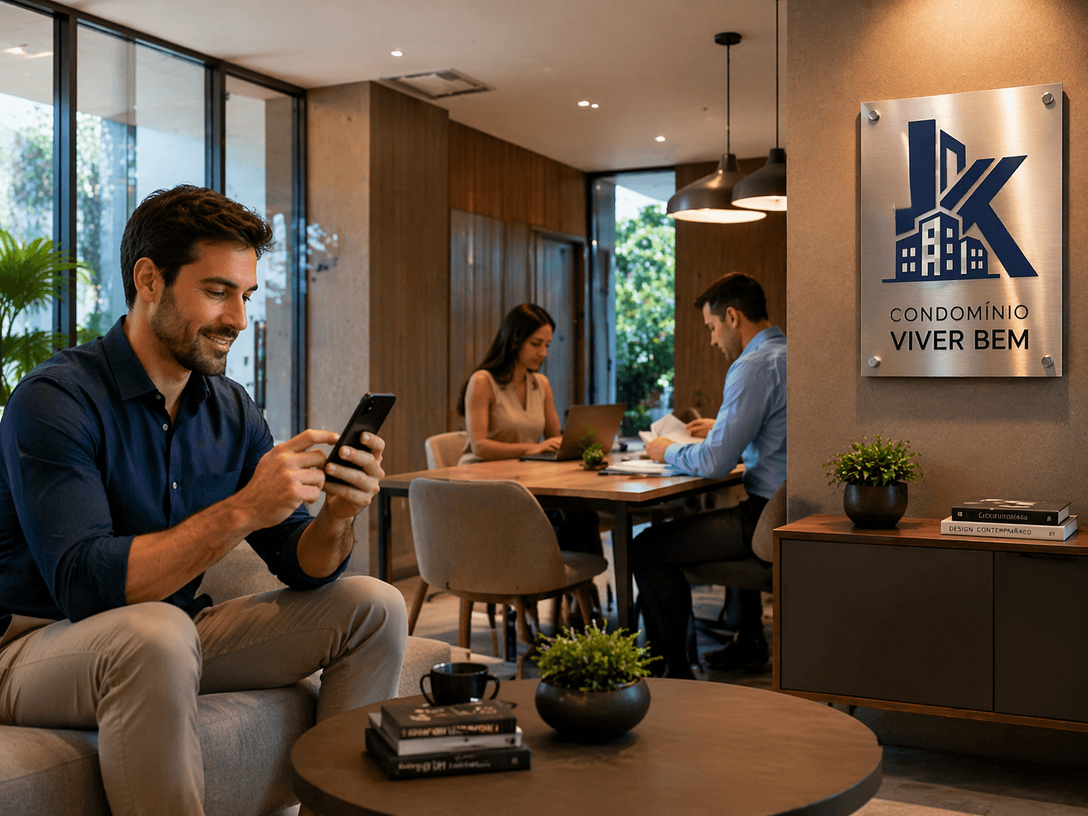 Morador usando celular para resolver uma cobrança condominial.