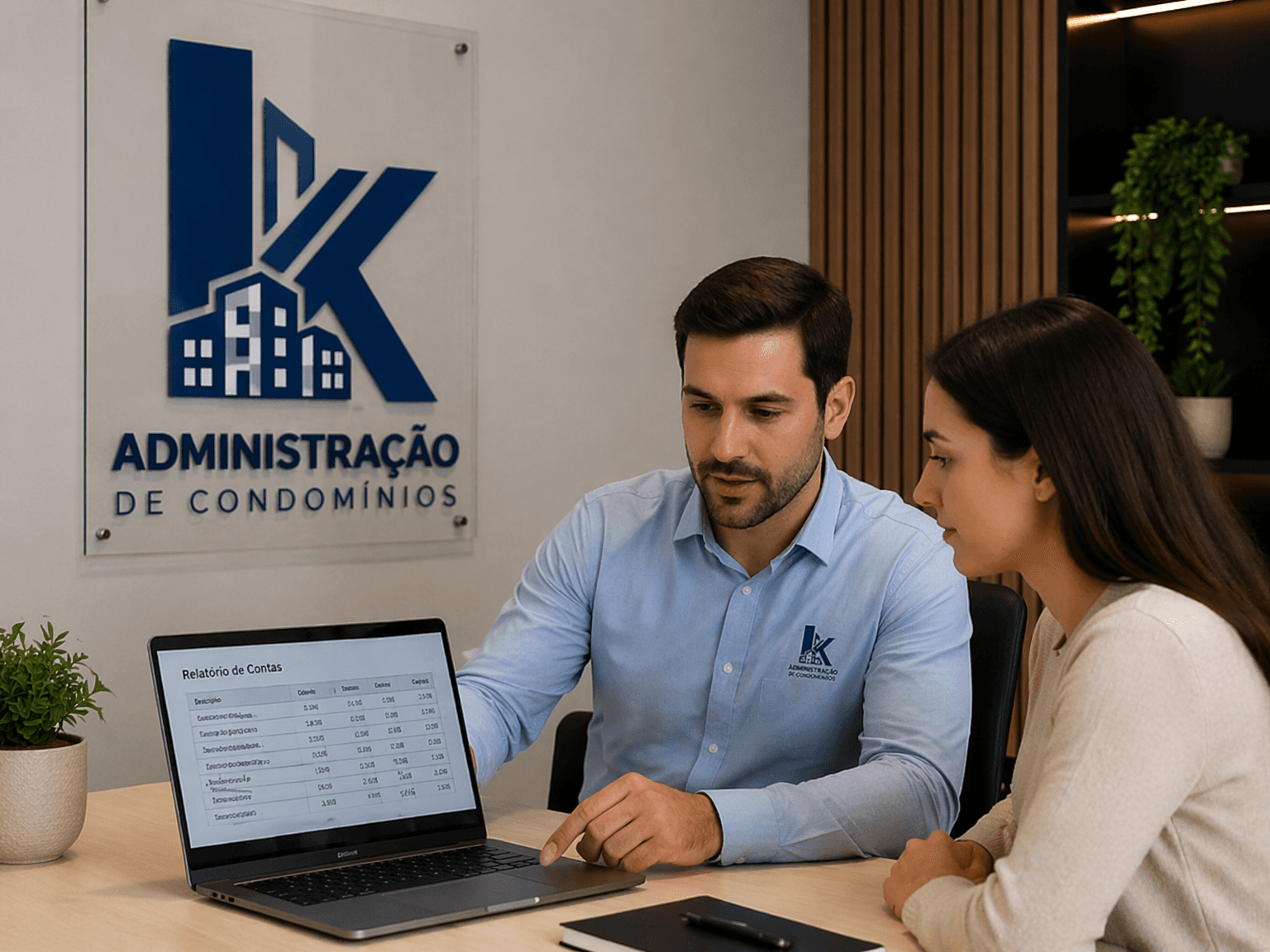 Síndico e morador conferindo informações financeiras com calma.